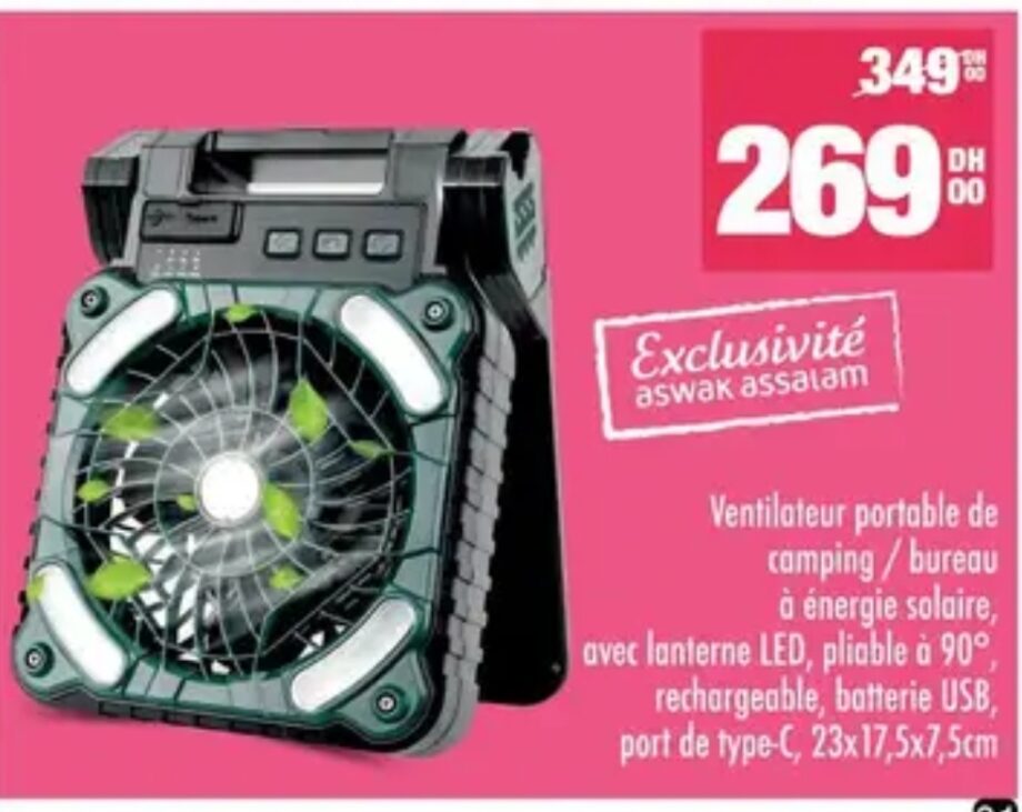 Bon Plan Ventilateur de camping solaire / Aswak Assalam
