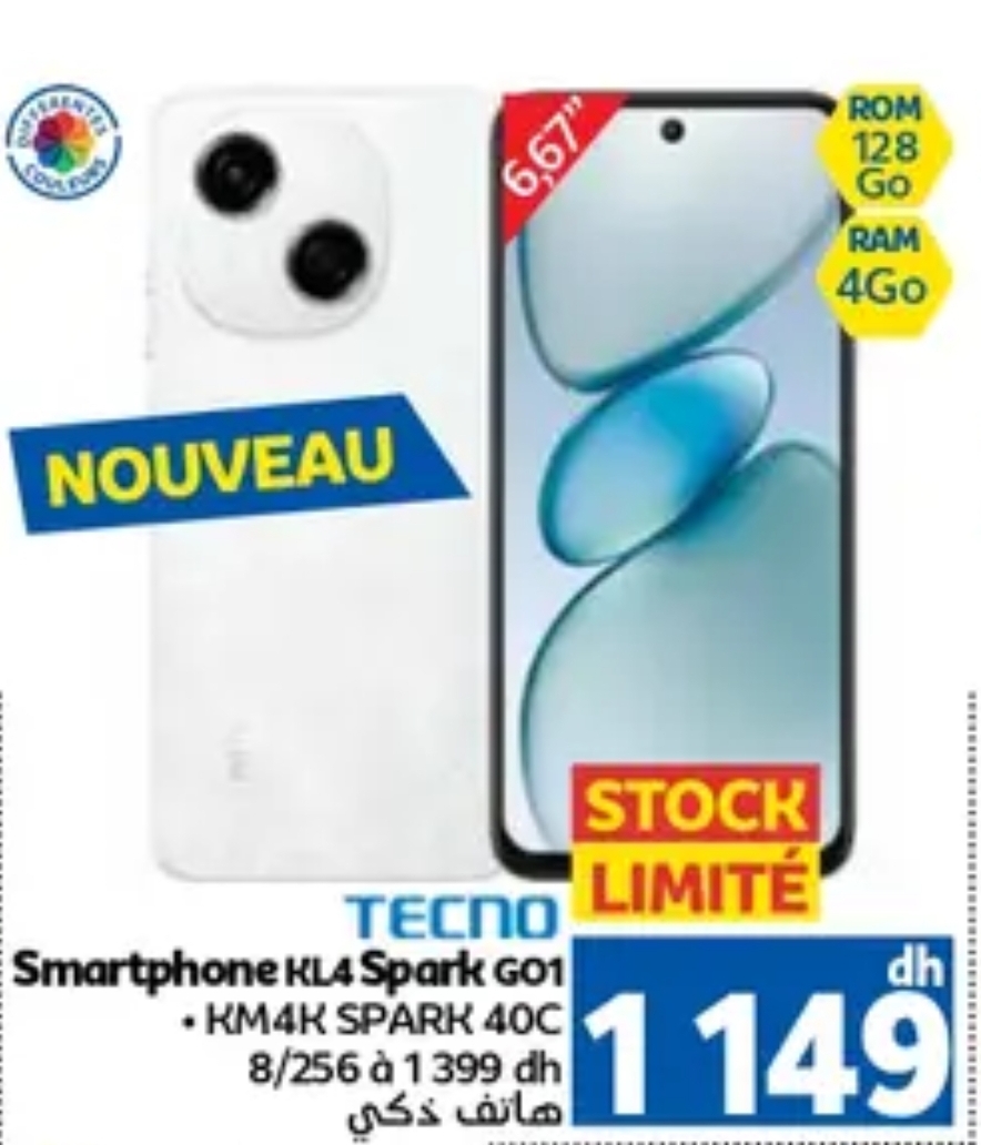 Offre Tecno Smartphone KL4 Spark G01 / Marjane